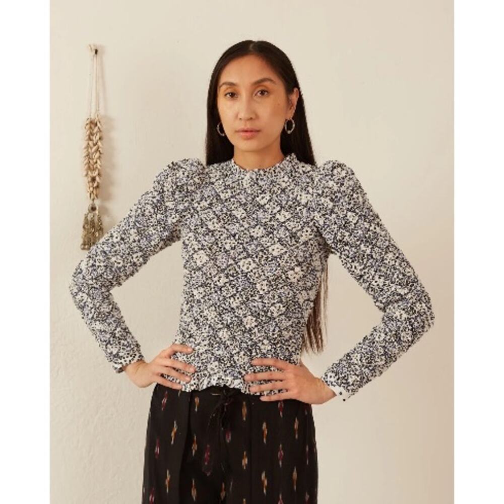 Alix of Bohemia Maisie Domino Smocked Puff Sleeve Top Blue White Floral NWT Sz L